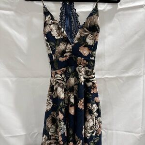 Lovely Day Navy and Beige Floral Backless Dress